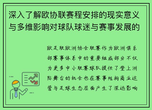 深入了解欧协联赛程安排的现实意义与多维影响对球队球迷与赛事发展的分析