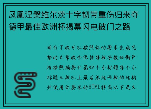 凤凰涅槃维尔茨十字韧带重伤归来夺德甲最佳欧洲杯揭幕闪电破门之路